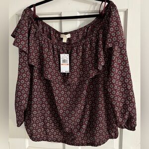 Michael Kors Maroon Geometric Off-Shoulder Blouse